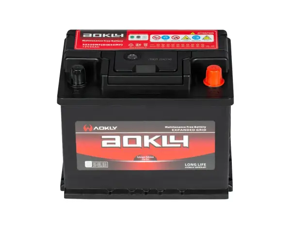 Une batterie AOKLY noire, 12V 55Ah, avec des étiquettes rouges et blanches indiquant "Maintenance Free Battery" et des symboles d'attention.