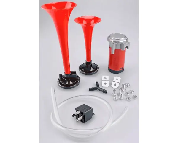 Kit klaxon pour véhicule, prêt pour le contrôle technique. Deux trompes rouges, compresseur, tuyau et accessoires.