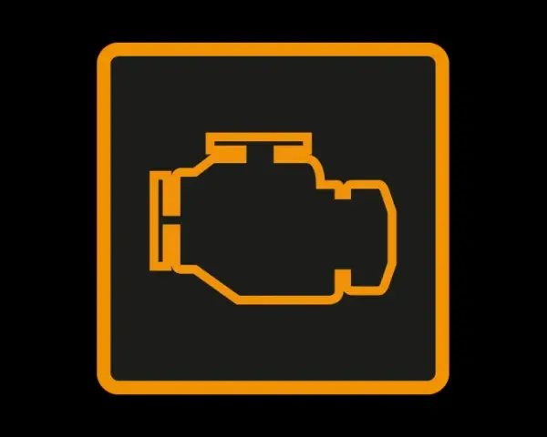 Icône de moteur orange sur fond noir. Le voyant moteur clignote, signalant un problème potentiel.
