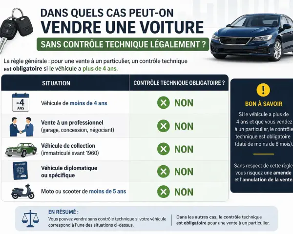 Infographie expliquant les cas où un contrôle technique n'est pas requis pour la vente d'une voiture.