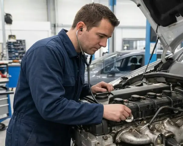 Mécanicien écoutant un moteur qui claque, suspectant un manque d'huile. Diagnostic en cours dans un atelier.