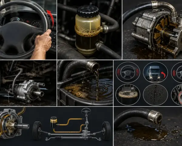 Collage montrant le volant, la pompe de direction assistée, le liquide, et le système de direction d'un camion.