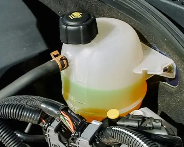 Réservoir de jauge liquide de refroidissement d'une voiture, avec le liquide visible entre les marques MIN et MAX.