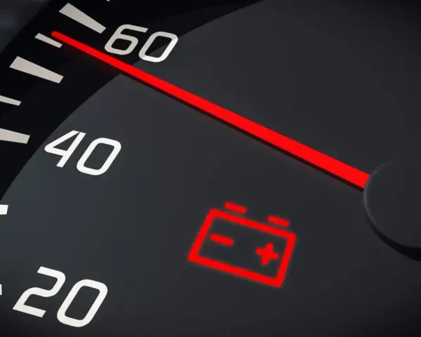 Tableau de bord d'une voiture avec le symbole batterie allumé en rouge, indiquant un problème de charge.