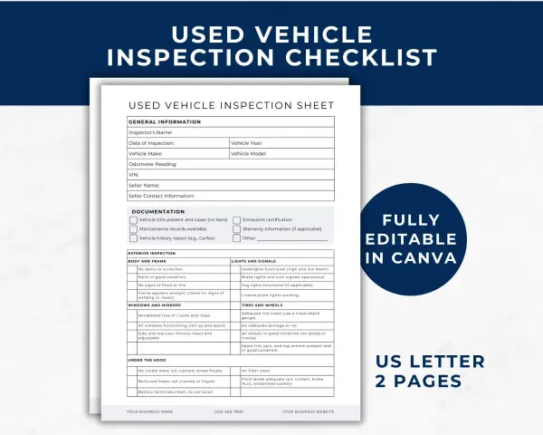 Document d'inspection de véhicule d'occasion, idéal pour un historique entretien voiture. Il détaille la carrosserie, les lumières, les pneus et le moteur.