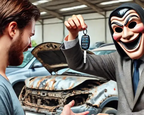 Un homme masqué offre des clés de voiture à un autre homme, devant une épave. C'est ça, le mandataire auto ?
