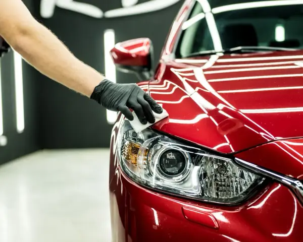 Main d'une personne gantée appliquant un produit sur le phare d'une voiture rouge. Une astuce de grand-mère pour faire briller une voiture.
