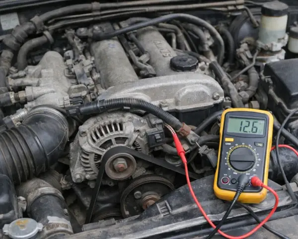 Multimètre jaune branché sur un moteur de voiture. L'écran affiche 12.6V, une mesure pour savoir si une batterie ne tient plus la charge.