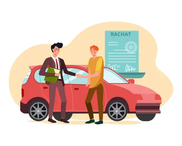 Un homme en costume serre la main d'un autre homme devant une voiture rouge. Un document intitulé "RACHAT" est visible, symbolisant la vente de voiture à un professionnel.