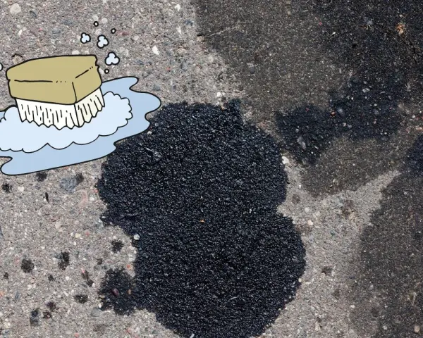 Brosse cartoon sur une flaque d'huile moteur sur le bitume, pour nettoyer la tache.