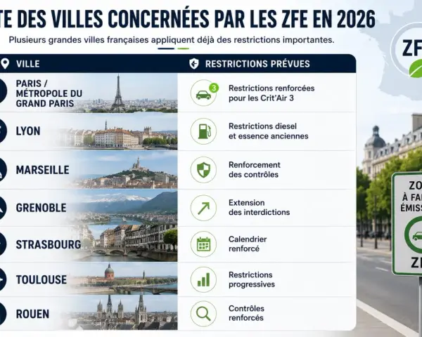 Liste des villes françaises concernées par les ZFE en 2026, avec des restrictions renforcées pour les Crit'Air 3.
