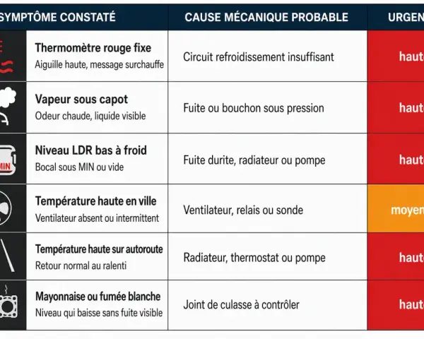 Tableau des symptômes automobiles : vapeur qui sort de la ventilation voiture, cause probable et urgence.