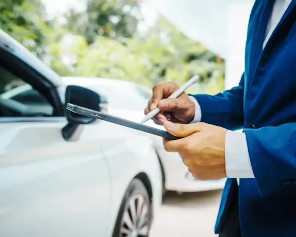 Un homme en costume bleu utilise une tablette pour évaluer la valeur vénale d'un véhicule blanc.