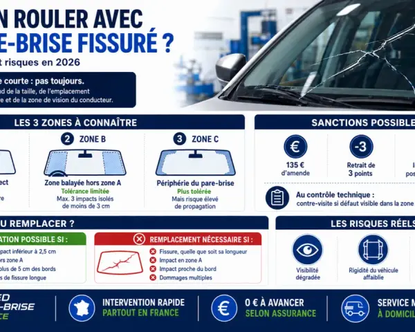 Un pare-brise fissuré peut entraîner une amende et un retrait de points au contrôle technique. La loi est stricte sur l'impact pare brise.
