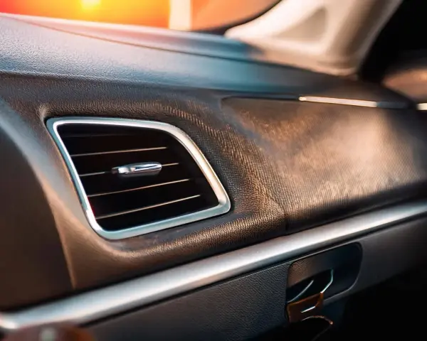 Tableau de bord d'une voiture avec une grille de ventilation chromée. La question "combien de temps dure une clim voiture" résonne dans l'habitacle climatisé.