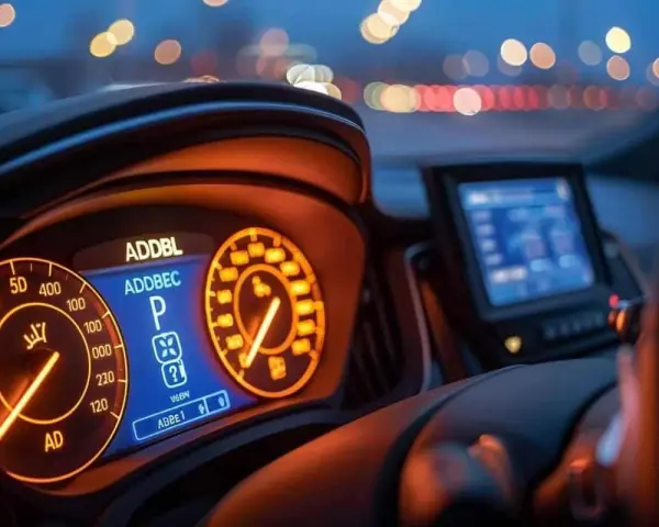 Tableau de bord d'une esp voiture illuminé la nuit, affichant la vitesse et le mode parking.