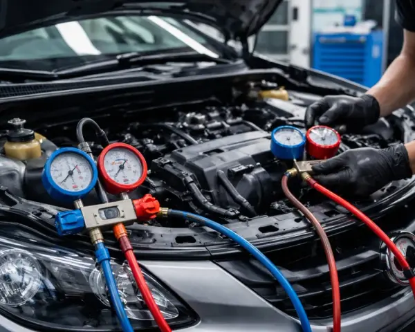 Un mécanicien vérifie la pression du système de climatisation d'une voiture avec des manomètres. La durée de recharge clim est cruciale pour son bon fonctionnement.
