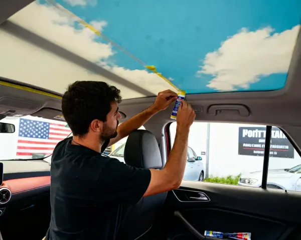 Un homme applique un adhésif pour recoller le ciel de toit d'une voiture, orné d'un motif de ciel bleu et de nuages.