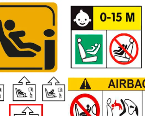 Panneau d'avertissement : ne pas installer de siège enfant face à la route là où il y a un airbag.