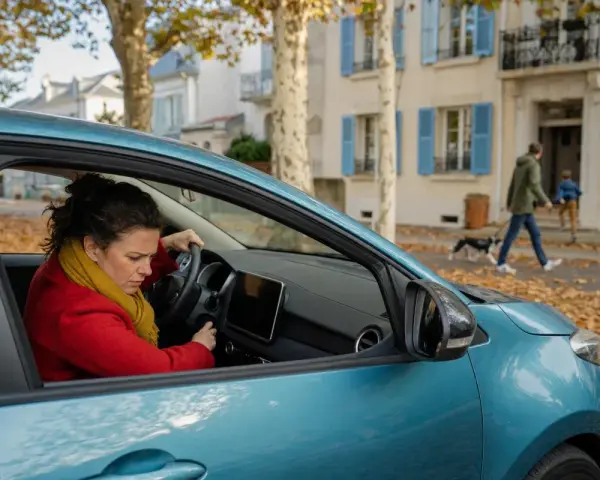 Femme frustrée tentant de démarrer sa voiture, un problème électrique voiture probable. En arrière-plan, un homme promène son chien.
