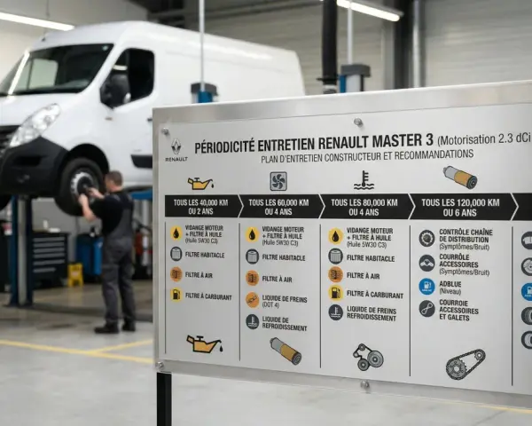 Tableau d'entretien pour un Renault Master 3 : ce qu'il faut savoir pour la révision. Il détaille les opérations selon le kilométrage et l'âge du véhicule.