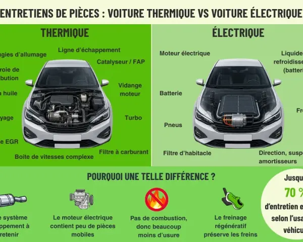 Comparaison des entretiens : voiture thermique vs électrique. La voiture thermique a plus de pièces à entretenir, contrairement à la voiture électrique.