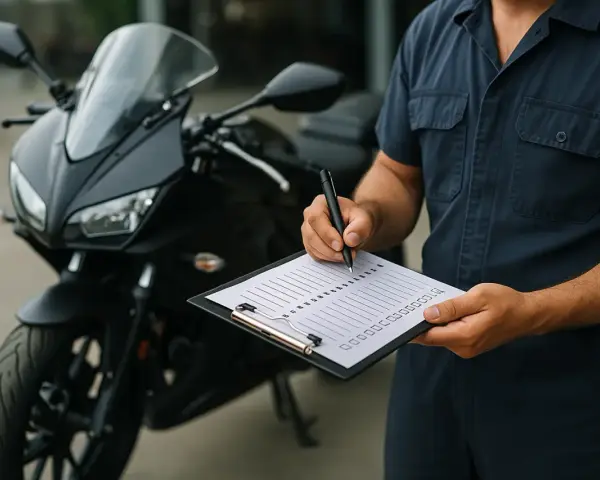 Un technicien remplit une liste pour le contrôle technique d'une mobylette noire, assurant sa sécurité.