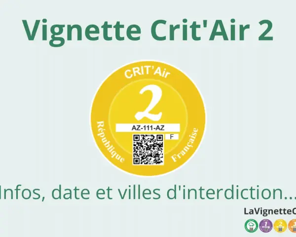 Vignette Crit'Air 2, symbole de la ZFE Paris. Infos sur le calendrier Crit'Air et les villes d'interdiction.