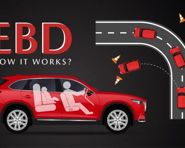 Illustration expliquant le fonctionnement de l'EBD, avec une ebd voiture rouge traversant une courbe et des cônes de signalisation.