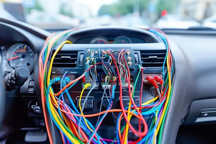 Tableau de bord d'une voiture envahi par un enchevêtrement de fils colorés, un vrai casse-tête pour le **code couleur fil haut parleur**.