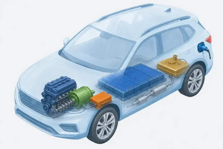 Schéma d'une voiture hybride non rechargeable : moteur thermique, moteur électrique, batterie, réservoir d'essence et prise de recharge.
