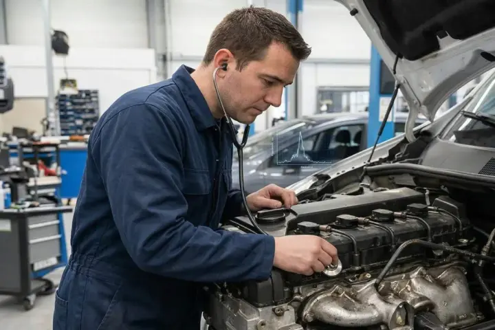 Mécanicien écoutant un moteur qui claque, suspectant un manque d'huile. Diagnostic en cours dans un atelier.