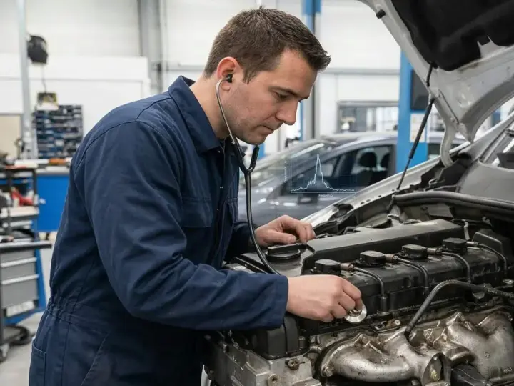 Mécanicien écoutant un moteur qui claque, suspectant un manque d'huile. Diagnostic en cours dans un atelier.