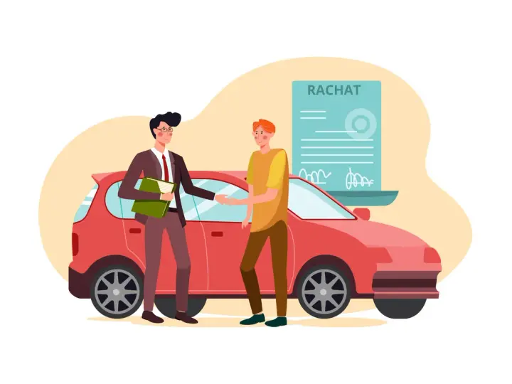 Un homme en costume serre la main d'un autre homme devant une voiture rouge. Un document intitulé "RACHAT" est visible, symbolisant la vente de voiture à un professionnel.