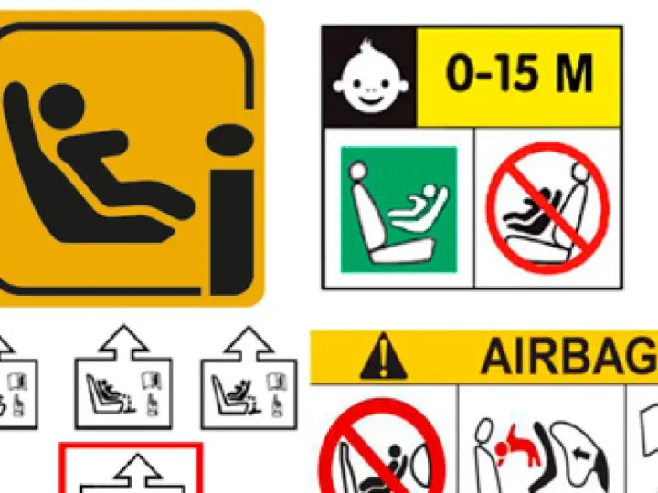 Panneau d'avertissement : ne pas installer de siège enfant face à la route là où il y a un airbag.
