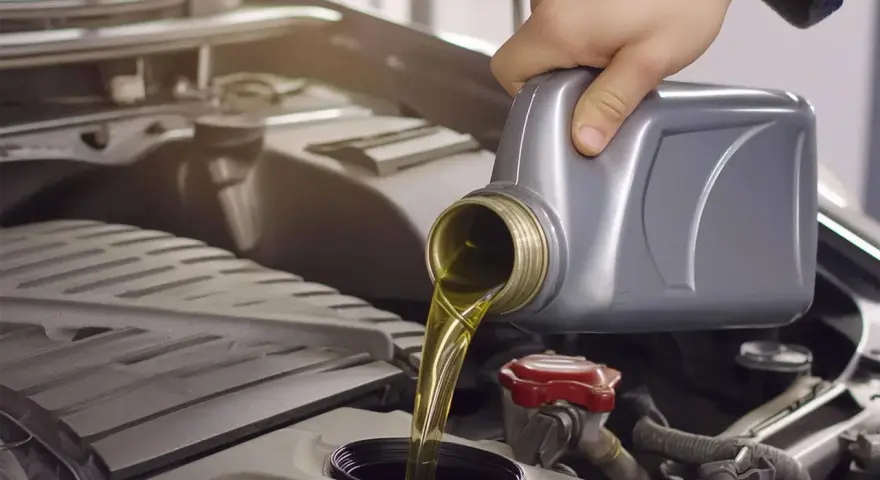 Main d'une personne versant de l'huile moteur d'un bidon gris dans le compartiment moteur d'une voiture. La question est : combien de litre huile moteur ?