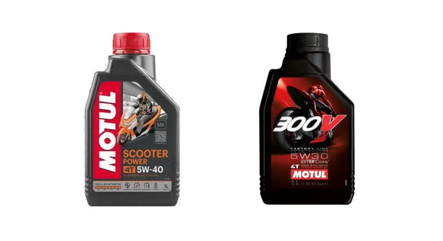 Huiles Motul : 5W-40 pour scooter et 5W30 pour moto de course. La différence est dans la performance.