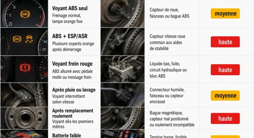 Tableau expliquant que veut dire ABS : voyant allumé, causes probables (capteur, bloc ABS) et urgence.