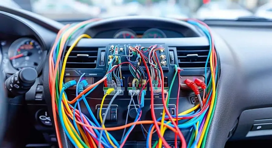 Tableau de bord d'une voiture envahi par un enchevêtrement de fils colorés, un vrai casse-tête pour le **code couleur fil haut parleur**.