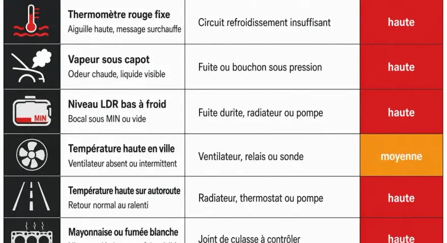 Tableau des symptômes de surchauffe moteur : thermomètre rouge, vapeur, niveau LDR bas, température haute en ville/sur autoroute, mayonnaise/fumée blanche. Causes et urgence indiquées.