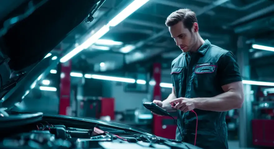 Mécanicien vérifiant une voiture, le voyant batterie s'allume et s'éteint sur son appareil.
