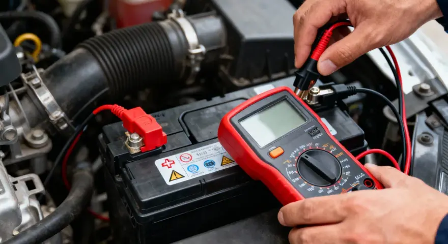 Main d'un mécanicien testant la batterie voiture sous le capot avec un multimètre rouge.