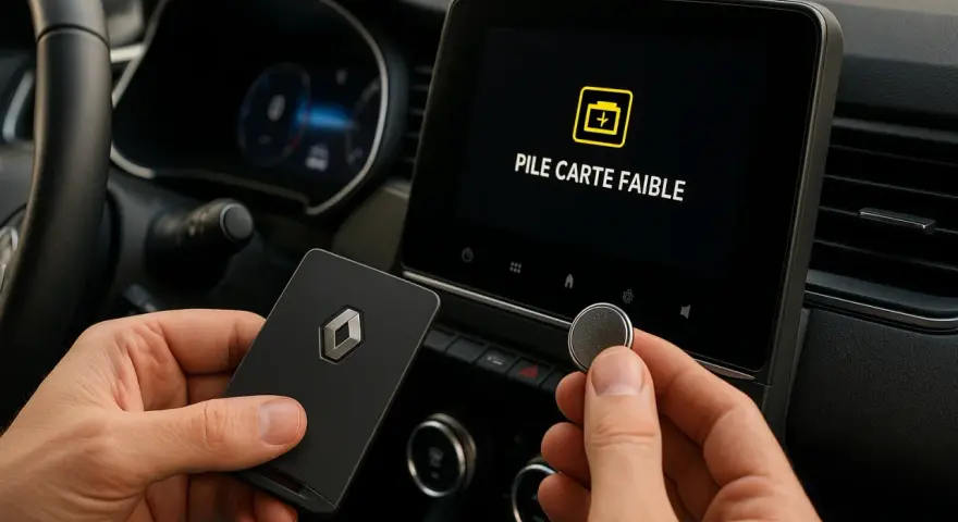 Main gauche tenant une carte Renault, main droite une pile bouton. L'écran affiche "Pile carte faible".