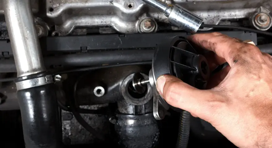 Main d'un mécanicien tenant une pièce de vanne EGR. Faut-il reprogrammer après changement vanne egr ? Question technique sur le moteur.