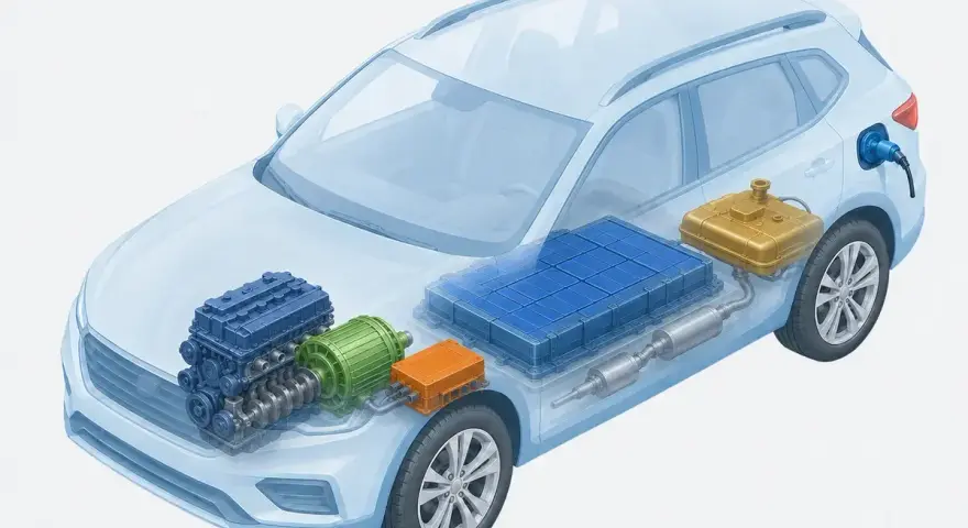 Schéma d'une voiture hybride non rechargeable : moteur thermique, moteur électrique, batterie, réservoir d'essence et prise de recharge.