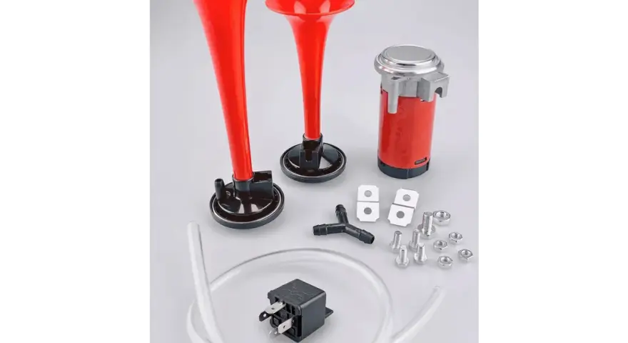 Kit klaxon pour véhicule, prêt pour le contrôle technique. Deux trompes rouges, compresseur, tuyau et accessoires.