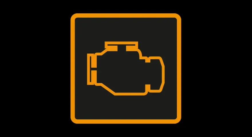 Icône de moteur orange sur fond noir. Le voyant moteur clignote, signalant un problème potentiel.