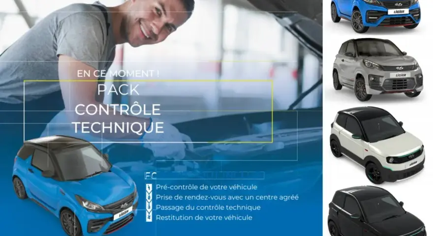 Pack contrôle technique voiture sans permis : pré-contrôle, RDV, passage et restitution. Plusieurs modèles Ligier présentés.