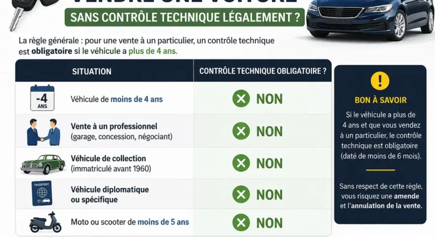 Infographie expliquant les cas où un contrôle technique n'est pas requis pour la vente d'une voiture.