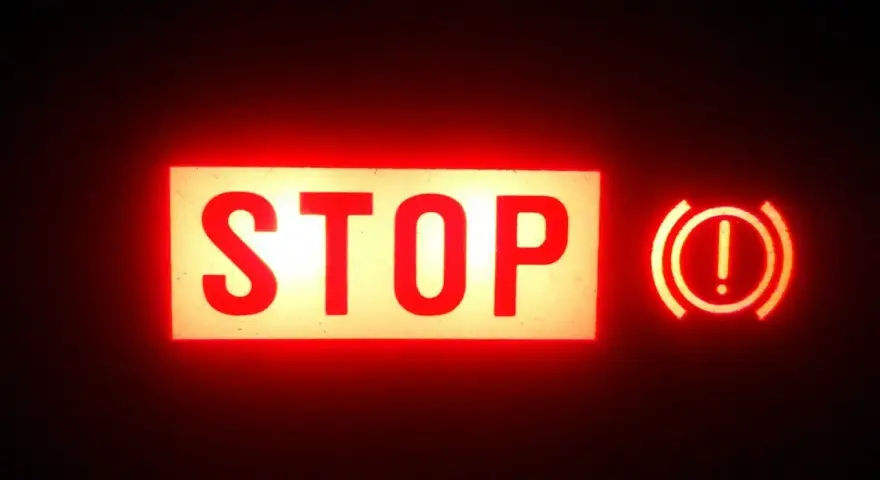 Voyant STOP et symbole de frein à main allumés en rouge. Vérifiez le niveau du liquide de frein.